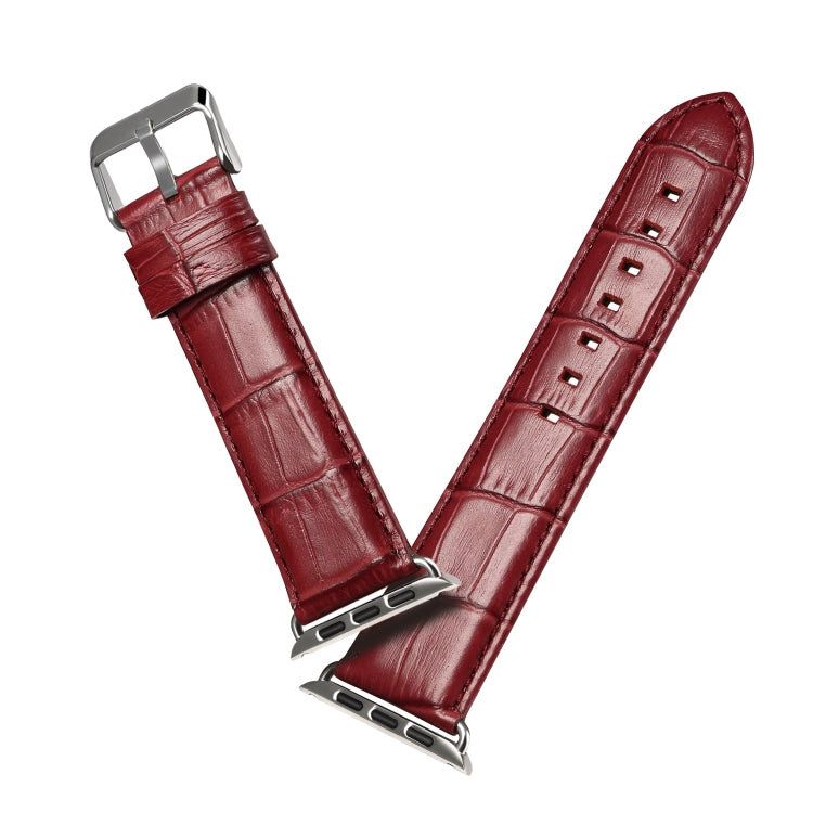 Denior Crocodile Grain Watch Cowhide Leather Watch Band for Apple Watch Series 10 42mm / 9&8&7 41mm / SE 3&SE 2&6&SE&5&4 40mm / 3&2&1 38mm (Dark Red) - Watch Bands by Denior | Online Shopping UK | buy2fix