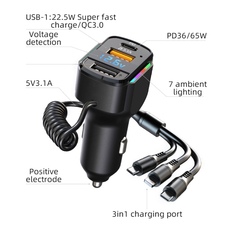 K4 Car 3 in 1 PD + USB Dual Port Fast Charger with Spring Data Cable - Car Charger by buy2fix | Online Shopping UK | buy2fix