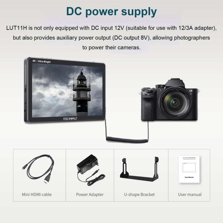 FEELWORLD LUT11H 10.1 Inch Ultra Bright 2000nit DSLR Camera Field Monitor Touch Screen 4K HDMI F970 External Power and Install Kit (UK Plug) - On-camera Monitors by FEELWORLD | Online Shopping UK | buy2fix