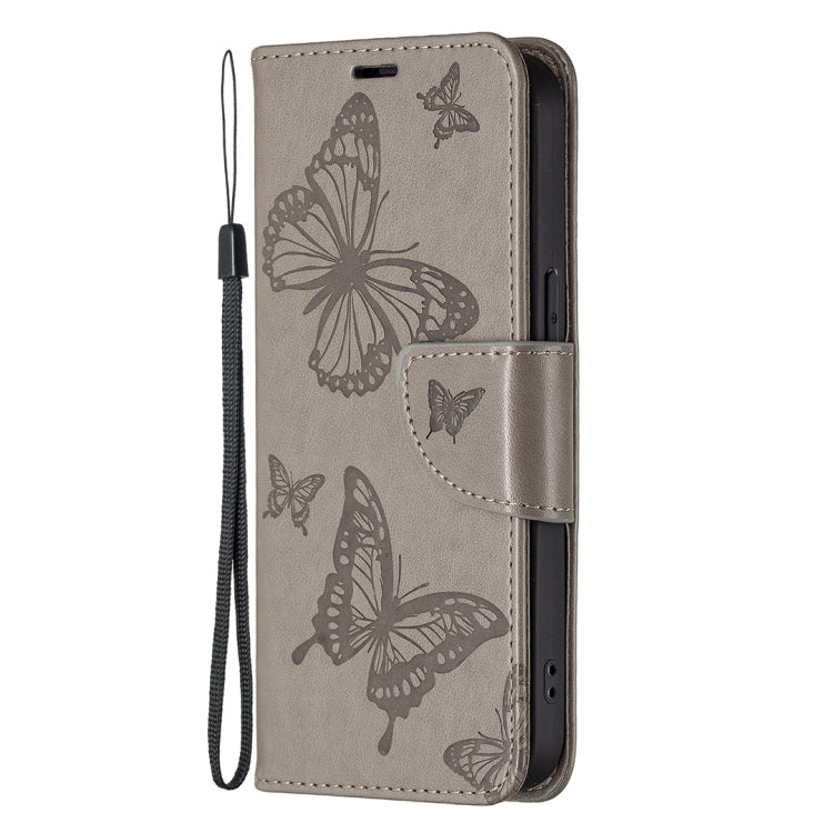 For iPhone 13 Embossing Two Butterflies Pattern Horizontal Flip PU Leather Case with Holder & Card Slot & Wallet & Lanyard(Grey) - iPhone 13 Cases by buy2fix | Online Shopping UK | buy2fix