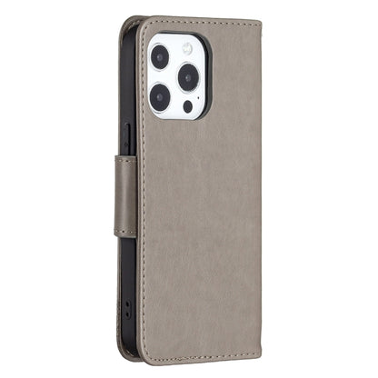 For iPhone 13 Embossing Two Butterflies Pattern Horizontal Flip PU Leather Case with Holder & Card Slot & Wallet & Lanyard(Grey) - iPhone 13 Cases by buy2fix | Online Shopping UK | buy2fix