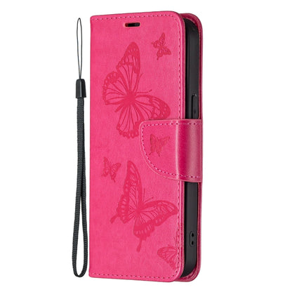For iPhone 13 Pro Max Embossing Two Butterflies Pattern Horizontal Flip PU Leather Case with Holder & Card Slot & Wallet & Lanyard (Rose Red) - iPhone 13 Pro Max Cases by buy2fix | Online Shopping UK | buy2fix