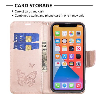 For iPhone 13 Pro Max Embossing Two Butterflies Pattern Horizontal Flip PU Leather Case with Holder & Card Slot & Wallet & Lanyard (Rose Gold) - iPhone 13 Pro Max Cases by buy2fix | Online Shopping UK | buy2fix