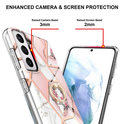 For Samsung Galaxy S21+  5G Electroplating Splicing Marble Flower Pattern TPU Shockproof Case with Rhinestone Ring Holder(Pink Flower) - Galaxy S21+ 5G Cases by buy2fix | Online Shopping UK | buy2fix