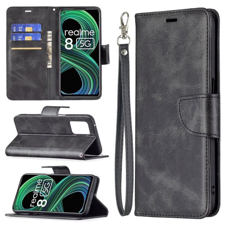 For OPPO Realme 8 5G/Realme V13 5G Retro Lambskin Texture Pure Color Horizontal Flip PU Leather Case with Holder & Card Slots & Wallet & Lanyard(Black) - Realme Cases by buy2fix | Online Shopping UK | buy2fix