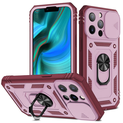 For iPhone 13 Pro Max Sliding Camera Cover Design TPU + PC Protective Case with 360 Degree Rotating Holder & Card Slot (Pink+Dark Red) - iPhone 13 Pro Max Cases by buy2fix | Online Shopping UK | buy2fix