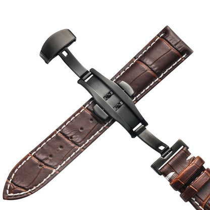 22mm Classic Cowhide Leather Black Butterfly Buckle Watch Band(Brown White Lines) - 22mm Bands by buy2fix | Online Shopping UK | buy2fix