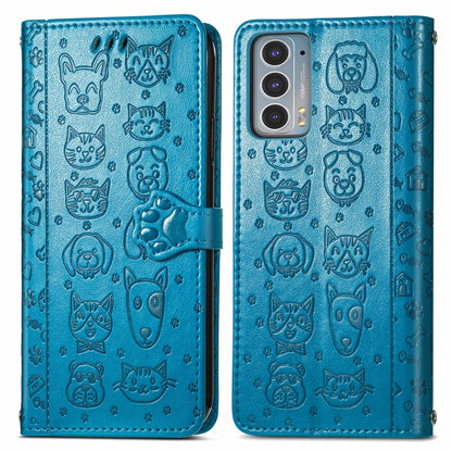 For Motorola Moto Edge 20 Lovely Cat and Dog Embossing Pattern Horizontal Flip Leather Case , with Holder & Card Slots & Wallet & Cartoon Clasp & Lanyard(Blue) - Motorola Cases by buy2fix | Online Shopping UK | buy2fix