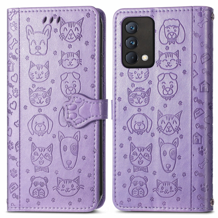 For OPPO Realme GT Master Lovely Cat and Dog Embossing Pattern Horizontal Flip Leather Case , with Holder & Card Slots & Wallet & Cartoon Clasp & Lanyard(Purple) - Realme Cases by buy2fix | Online Shopping UK | buy2fix