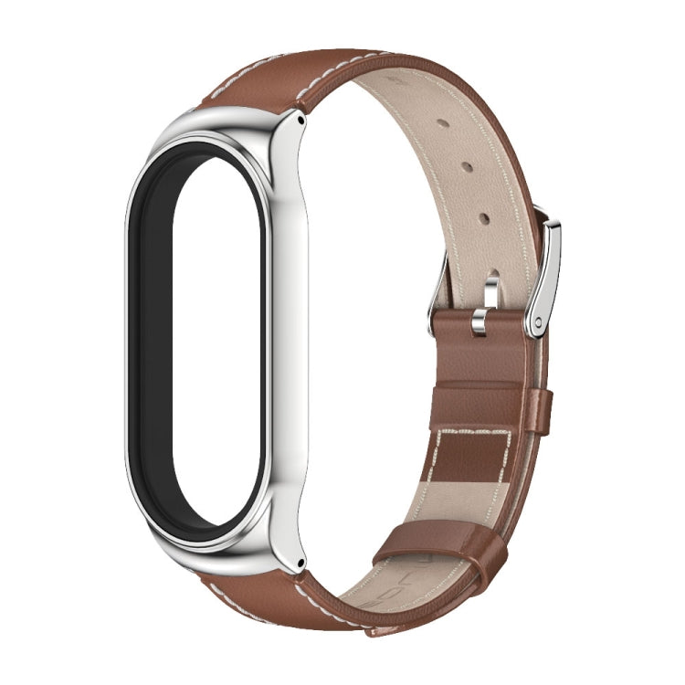 For Xiaomi Mi Band 7 / 7 NFC MIJOBS CS Metal Case Genuine Leather Top Layer Cowhide Watch Band(Brown Silver) - Watch Bands by MIJOBS | Online Shopping UK | buy2fix