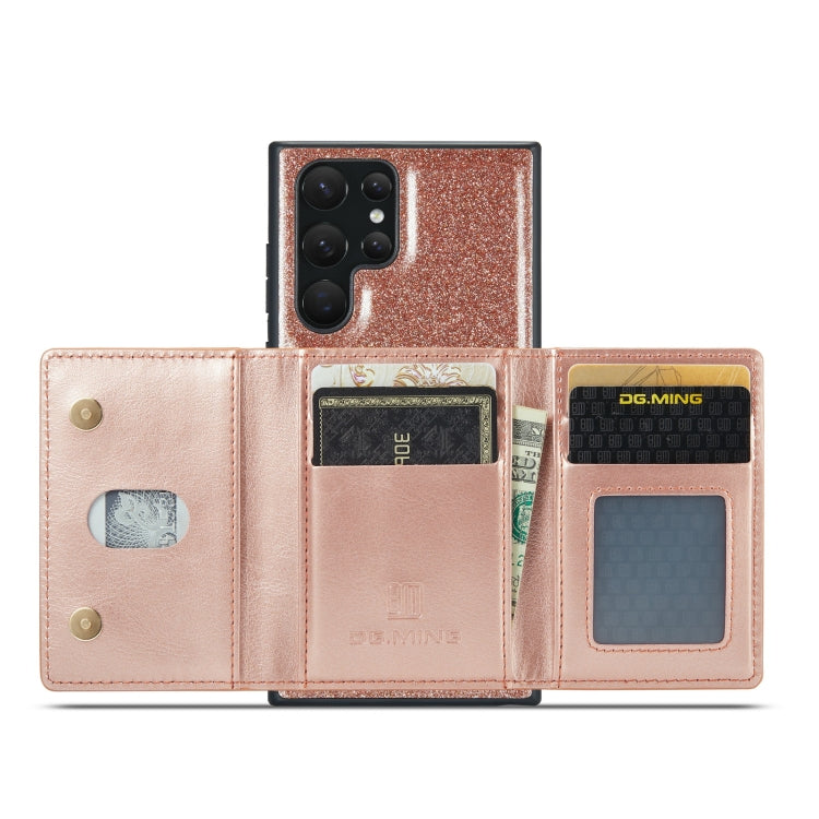 For Samsung Galaxy S22 Ultra 5G DG.MING M3 Series Glitter Powder Card Bag Leather Case(Rose Gold) - Galaxy S22 Ultra 5G Cases by DG.MING | Online Shopping UK | buy2fix