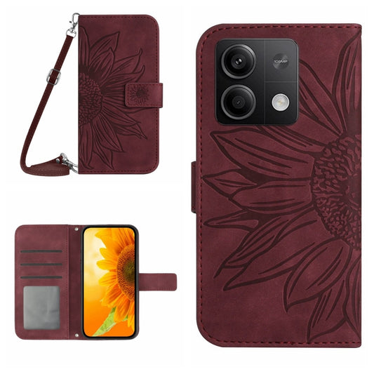 For Xiaomi Redmi Note 13 4G Global Skin Feel Sun Flower Embossed Flip Leather Phone Case with Lanyard(Wine Red) - Note 13 Cases by buy2fix | Online Shopping UK | buy2fix