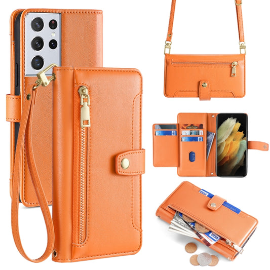 For Samsung Galaxy S21 Ultra 5G Sheep Texture Cross-body Zipper Wallet Leather Phone Case(Orange) - Galaxy S21 Ultra 5G Cases by buy2fix | Online Shopping UK | buy2fix