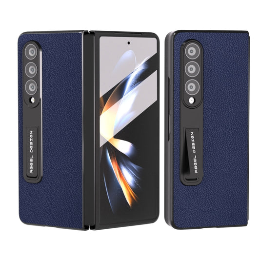 For Samsung Galaxy Z Fold4 5G Integrated Black Edge Genuine Leather Mino Phone Case with Holder(Royal Blue) - Galaxy Z Fold4 5G Cases by buy2fix | Online Shopping UK | buy2fix