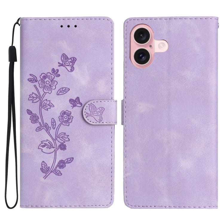 For iPhone 16 Plus Flower Butterfly Embossing Pattern Leather Phone Case(Purple) - iPhone 16 Plus Cases by buy2fix | Online Shopping UK | buy2fix