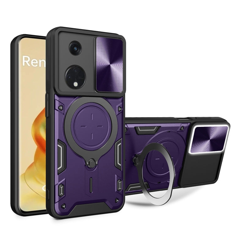 For OPPO Reno8 T 5G CD Texture Sliding Camshield Magnetic Holder Phone Case(Purple) - OPPO Cases by buy2fix | Online Shopping UK | buy2fix