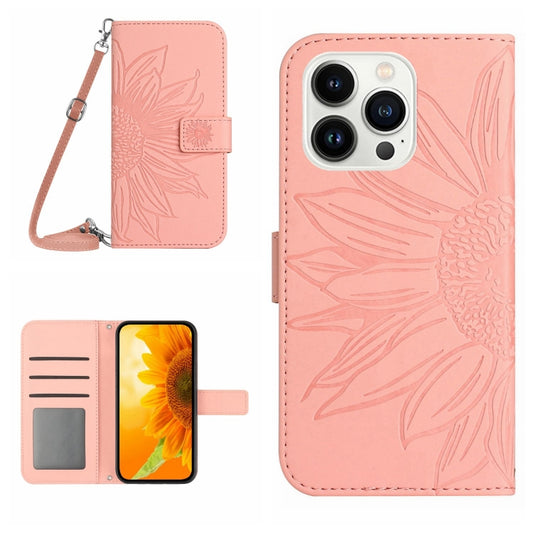 For iPhone 16 Pro Skin Feel Sun Flower Embossed Flip Leather Phone Case with Lanyard(Pink) - iPhone 16 Pro Cases by buy2fix | Online Shopping UK | buy2fix