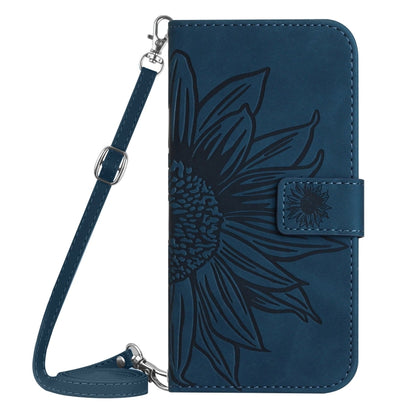 For iPhone 16 Plus Skin Feel Sun Flower Embossed Flip Leather Phone Case with Lanyard(Inky Blue) - iPhone 16 Plus Cases by buy2fix | Online Shopping UK | buy2fix