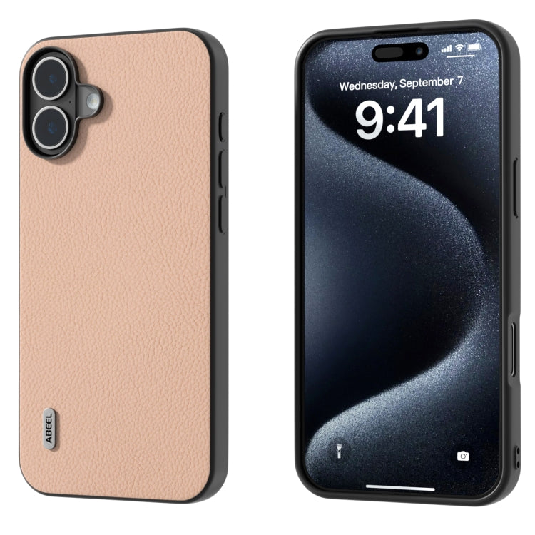 For iPhone 16 ABEEL Genuine Leather + PC Litchi Texture Phone Case(Pink Gold) - iPhone 16 Cases by buy2fix | Online Shopping UK | buy2fix