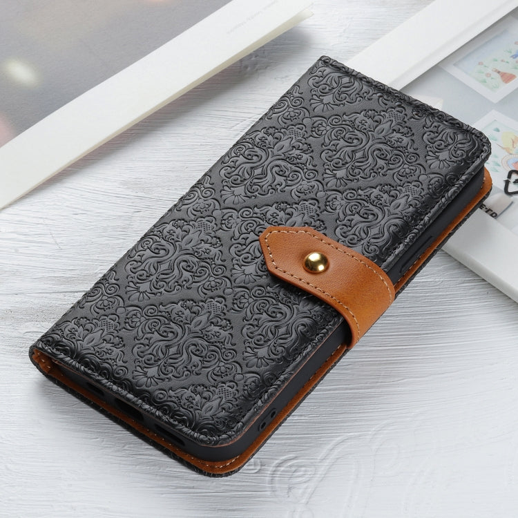 For iPhone 16 European Floral Embossed Leather Phone Case(Black) - iPhone 16 Cases by buy2fix | Online Shopping UK | buy2fix