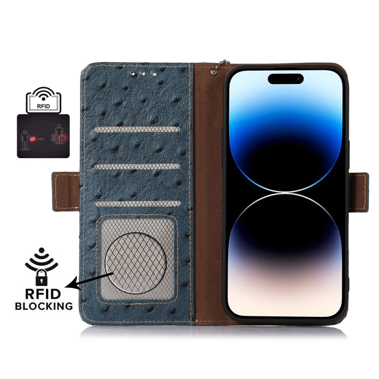 For OnePlus 12 Ostrich Pattern Genuine Leather RFID Phone Case(Blue) - OnePlus Cases by buy2fix | Online Shopping UK | buy2fix