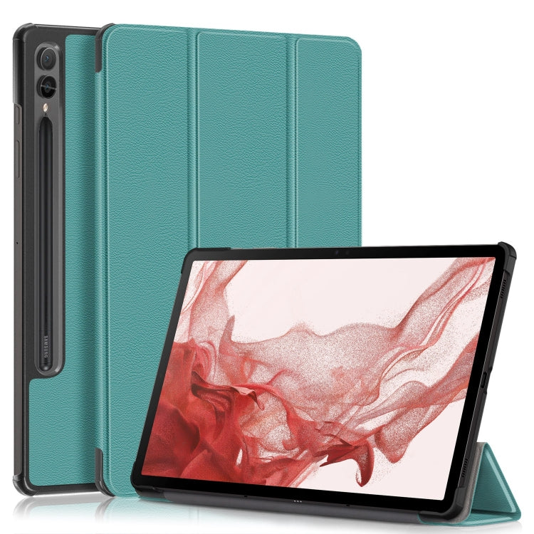 For Samsung Galaxy Tab S9+ Custer Pure Color 3-Fold Holder Smart Leather Tablet Case(Dark Green) - Galaxy Tab S9+ Cases by buy2fix | Online Shopping UK | buy2fix