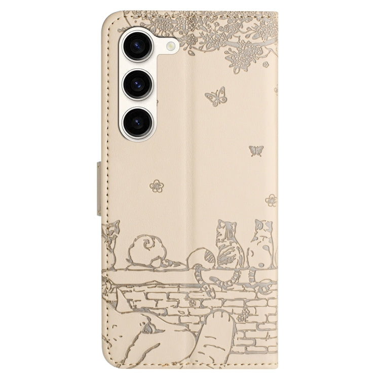 For Samsung Galaxy S23 Cat Embossing Pattern Leather Phone Case with Lanyard(Beige) - Galaxy S23 5G Cases by buy2fix | Online Shopping UK | buy2fix