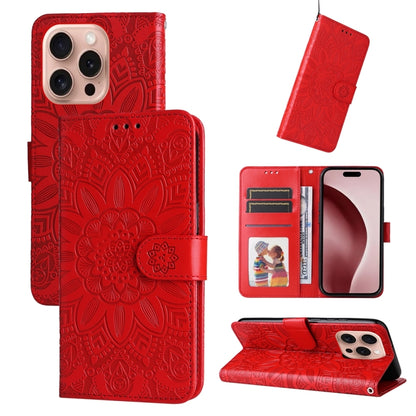 For iPhone 16 Pro Embossed Sunflower Leather Phone Case(Red) - iPhone 16 Pro Cases by buy2fix | Online Shopping UK | buy2fix