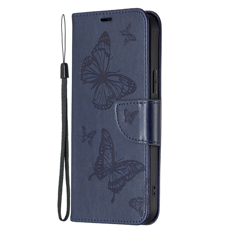 For iPhone 16 Plus Embossing Two Butterflies Pattern Leather Phone Case(Blue) - iPhone 16 Plus Cases by buy2fix | Online Shopping UK | buy2fix