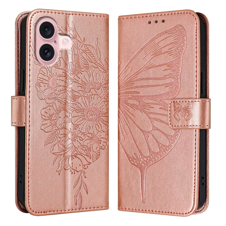 For iPhone 16 Embossed Butterfly Leather Phone Case(Rose Gold) - iPhone 16 Cases by buy2fix | Online Shopping UK | buy2fix