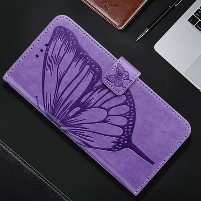 For iPhone 16 Embossed Butterfly Leather Phone Case(Light Purple) - iPhone 16 Cases by buy2fix | Online Shopping UK | buy2fix