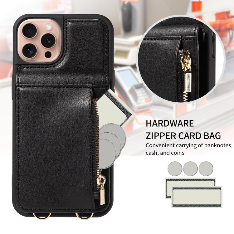 For iPhone 16 Pro Crossbody Lanyard Zipper Wallet Leather Phone Case(Black) - iPhone 16 Pro Cases by buy2fix | Online Shopping UK | buy2fix