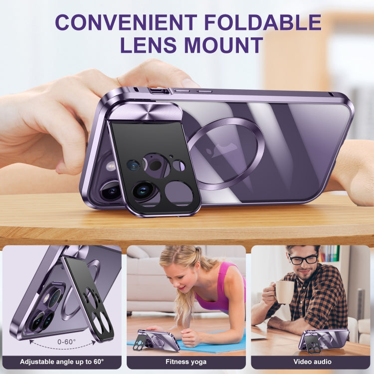 For iPhone 15 Pro Large Window Holder MagSafe Magnetic Metal Phone Case(Purple) - iPhone 15 Pro Cases by buy2fix | Online Shopping UK | buy2fix