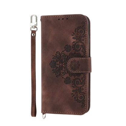 For Samsung Galaxy S24+ 5G Skin-feel Flowers Embossed Wallet Leather Phone Case(Brown) - Galaxy S24+ 5G Cases by buy2fix | Online Shopping UK | buy2fix