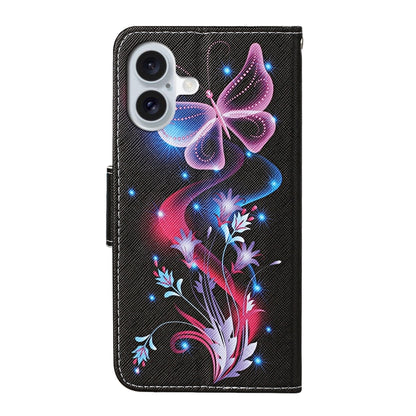 For iPhone 16 3D Colored Drawing Flip Leather Phone Case(Fluorescent Butterfly) - iPhone 16 Cases by buy2fix | Online Shopping UK | buy2fix