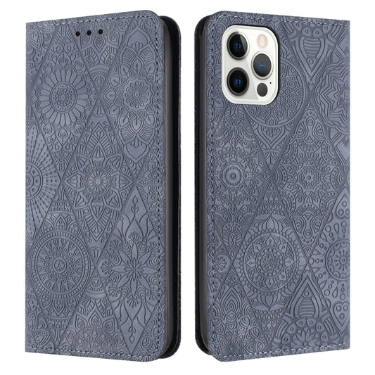 For iPhone 16 Pro Ethnic Embossed Adsorption Leather Phone Case(Grey) - iPhone 16 Pro Cases by buy2fix | Online Shopping UK | buy2fix