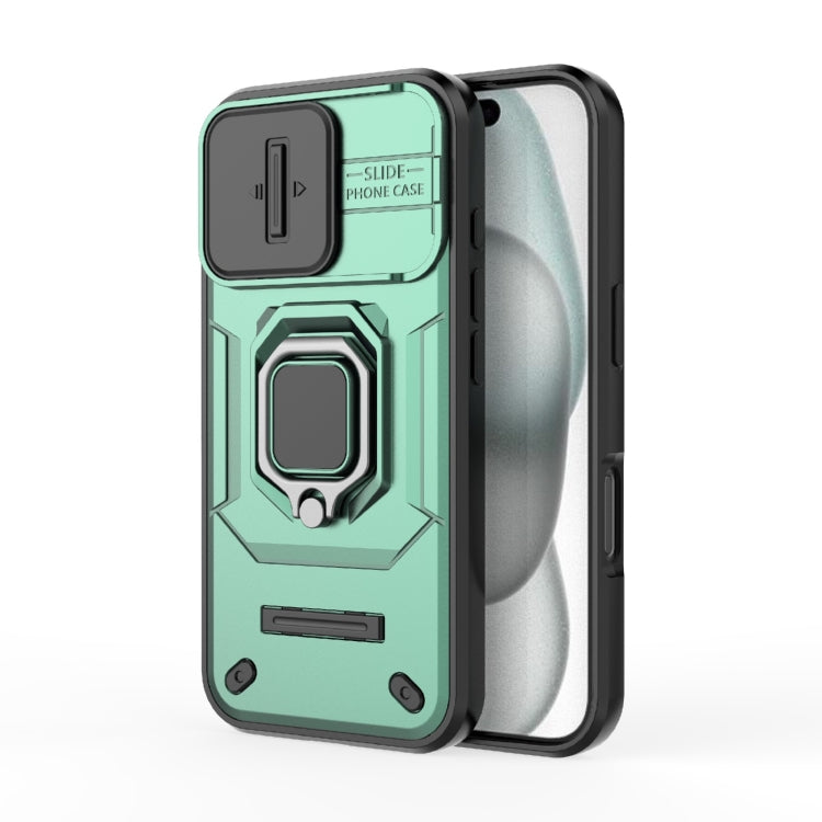 For iPhone 16 Sliding Camshield TPU + PC Shockproof Phone Case with Holder(Green) - iPhone 16 Cases by buy2fix | Online Shopping UK | buy2fix