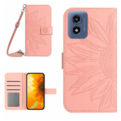 For Motorola Moto G Play 4G 2024 HT04 Skin Feel Sun Flower Embossed Flip Leather Phone Case with Lanyard(Pink) - Motorola Cases by buy2fix | Online Shopping UK | buy2fix