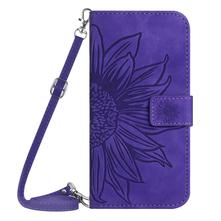 For Motorola Moto G Play 5G 2024 HT04 Skin Feel Sun Flower Embossed Flip Leather Phone Case with Lanyard(Dark Purple) - Motorola Cases by buy2fix | Online Shopping UK | buy2fix