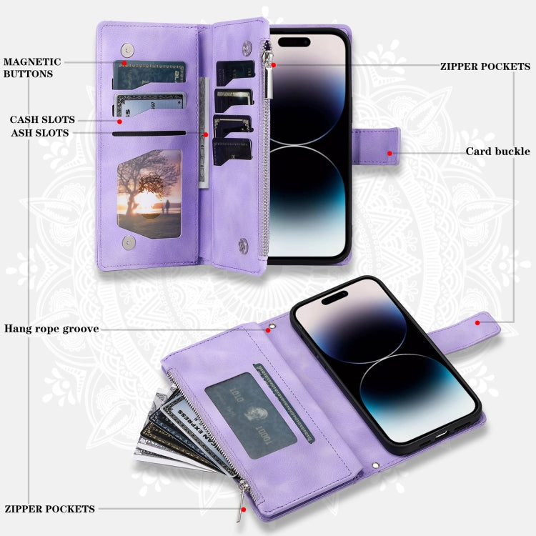 For iPhone 16 Pro Max Multi-Card Totem Zipper Leather Phone Case(Purple) - iPhone 16 Pro Max Cases by buy2fix | Online Shopping UK | buy2fix