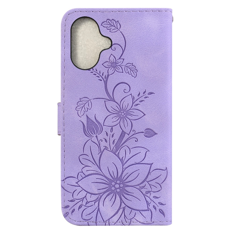 For iPhone 16 Lily Embossed Leather Phone Case(Purple) - iPhone 16 Cases by buy2fix | Online Shopping UK | buy2fix