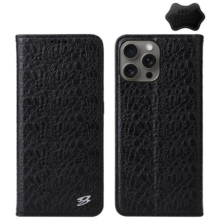 For iPhone 16 Pro Fierre Shann Crocodile Texture Magnetic Genuine Leather Phone Case(Black) - iPhone 16 Pro Cases by FIERRE SHANN | Online Shopping UK | buy2fix