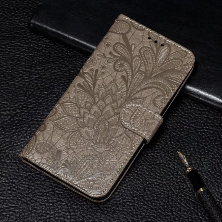 For iPhone 16 Lace Flower Embossing Flip Leather Phone Case(Grey) - iPhone 16 Cases by buy2fix | Online Shopping UK | buy2fix