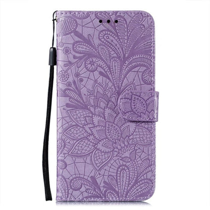 For iPhone 16 Pro Lace Flower Embossing Flip Leather Phone Case(Purple) - iPhone 16 Pro Cases by buy2fix | Online Shopping UK | buy2fix