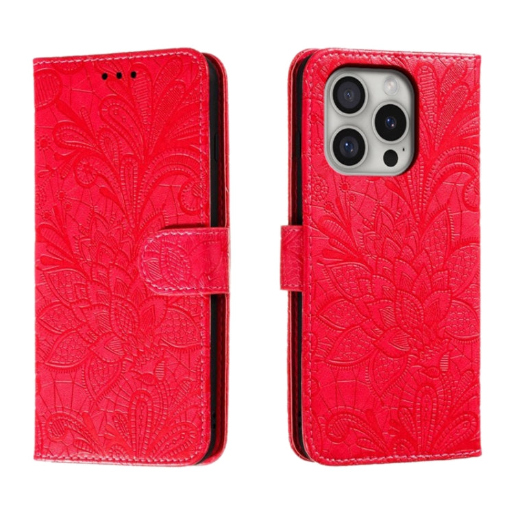 For iPhone 16 Pro Lace Flower Embossing Flip Leather Phone Case(Red) - iPhone 16 Pro Cases by buy2fix | Online Shopping UK | buy2fix