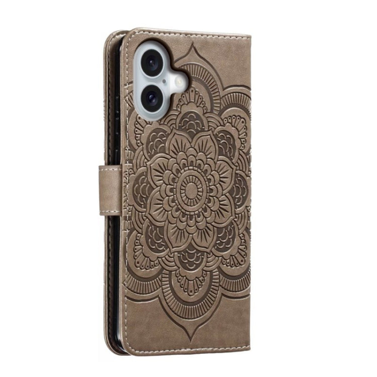 For iPhone 16 Mandala Embossing Pattern Horizontal Flip Leather Phone Case(Gray) - iPhone 16 Cases by buy2fix | Online Shopping UK | buy2fix