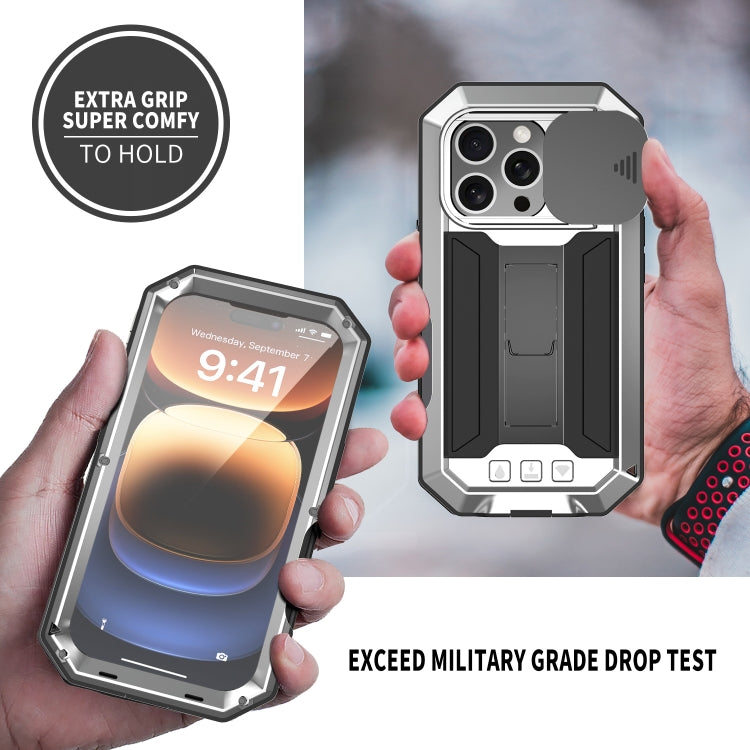 For iPhone 16 Pro Max R-JUST Sliding Camera IP54 Life Waterproof Holder Phone Case(Silver) - iPhone 16 Pro Max Cases by R-JUST | Online Shopping UK | buy2fix