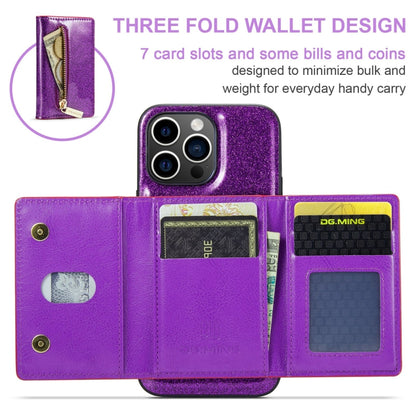 For iPhone 15 Pro Max DG.MING M3 Series Glitter Powder Card Bag Leather Phone Case(Dark Purple) - iPhone 15 Pro Max Cases by DG.MING | Online Shopping UK | buy2fix