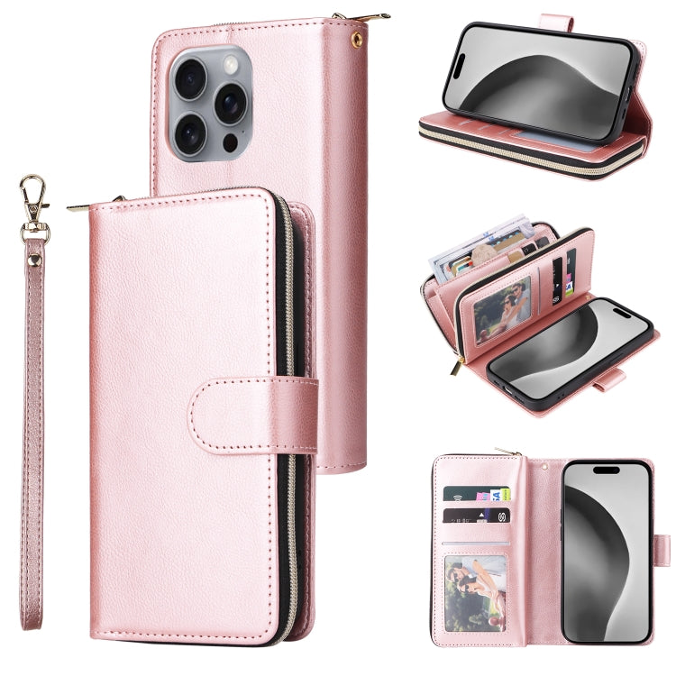 For iPhone 16 Pro Max 9 Card Slots Zipper Wallet Bag Leather Phone Case(Rose Gold) - iPhone 16 Pro Max Cases by buy2fix | Online Shopping UK | buy2fix