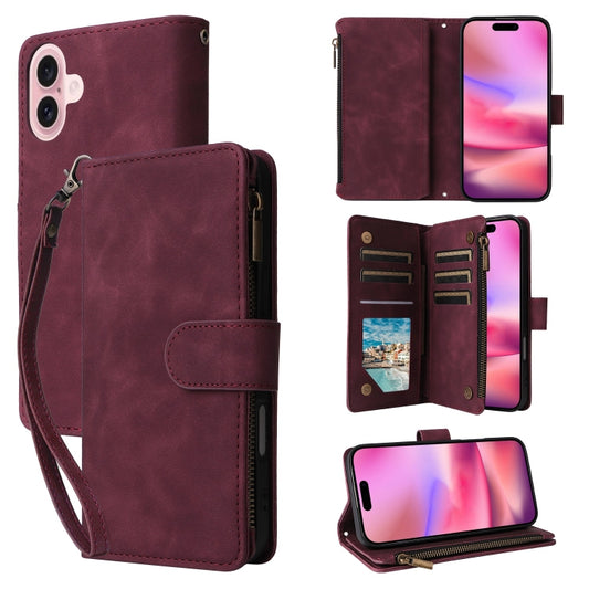 For iPhone 16 Crossbody Multi-card Slot Wallet Zipper Leather Phone Case(Wine Red) - iPhone 16 Cases by buy2fix | Online Shopping UK | buy2fix